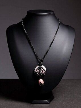 Handmade: Blush ~ Pale Pink ~ Rhodonite Pendant/Necklace w. Gunmetal Black Chain